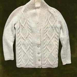 TRUE VINTAGE  1960s/70s MOHAIR WOOL BLEND Hand Knit Aran Fisherman Cardigan M/L